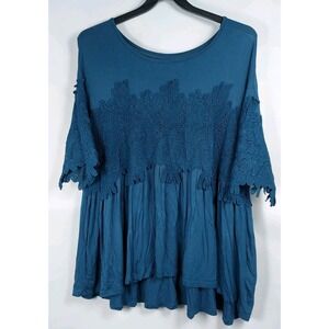 Roamans Lace Tunic Top Plus Size 14/16 Navy Lace Stretch Knit 3/4 Sleeve